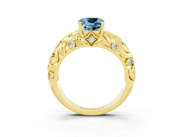 Yellow gold Cushion Cut Solitaire Aquamarine Leaf-Inspired Vine Band Ring with Prong Setting