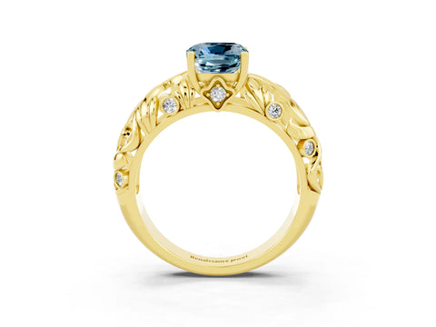 Yellow gold Cushion Cut Solitaire Aquamarine Leaf-Inspired Vine Band Ring with Prong Setting_3