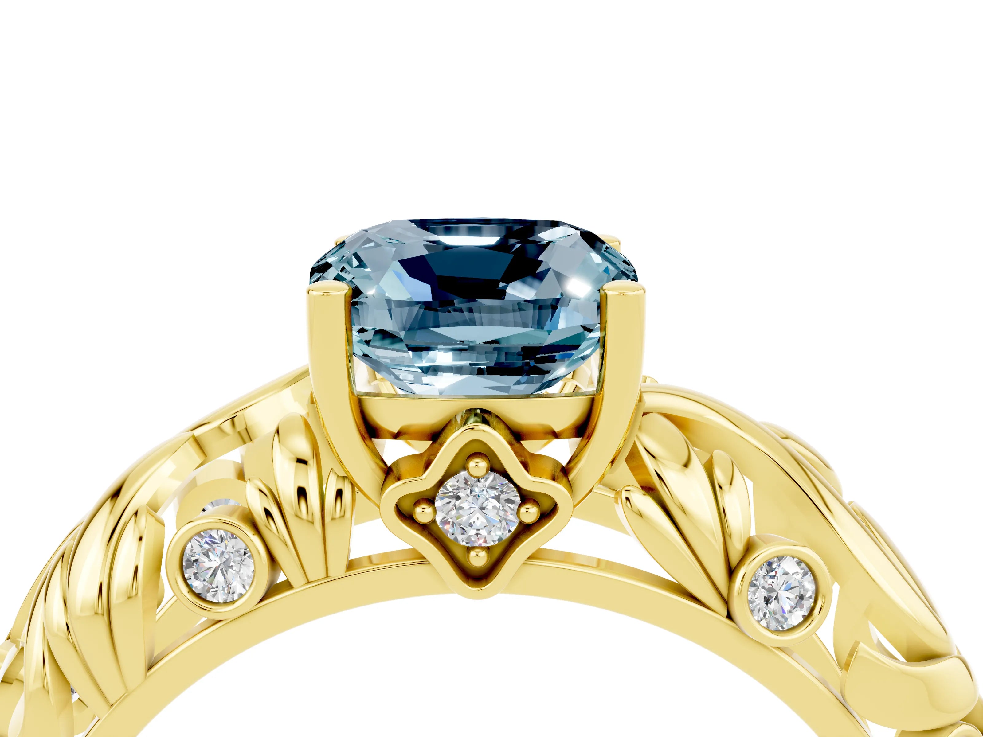 Yellow gold Cushion Cut Solitaire Aquamarine Leaf-Inspired Vine Band Ring with Prong Setting_4