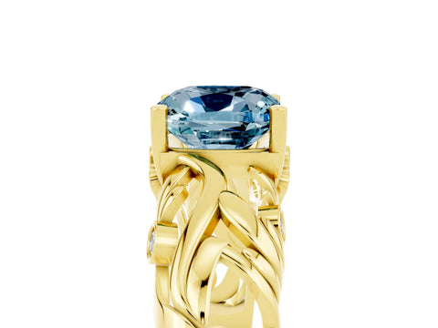 Yellow gold Cushion Cut Solitaire Aquamarine Leaf-Inspired Vine Band Ring with Prong Setting_5