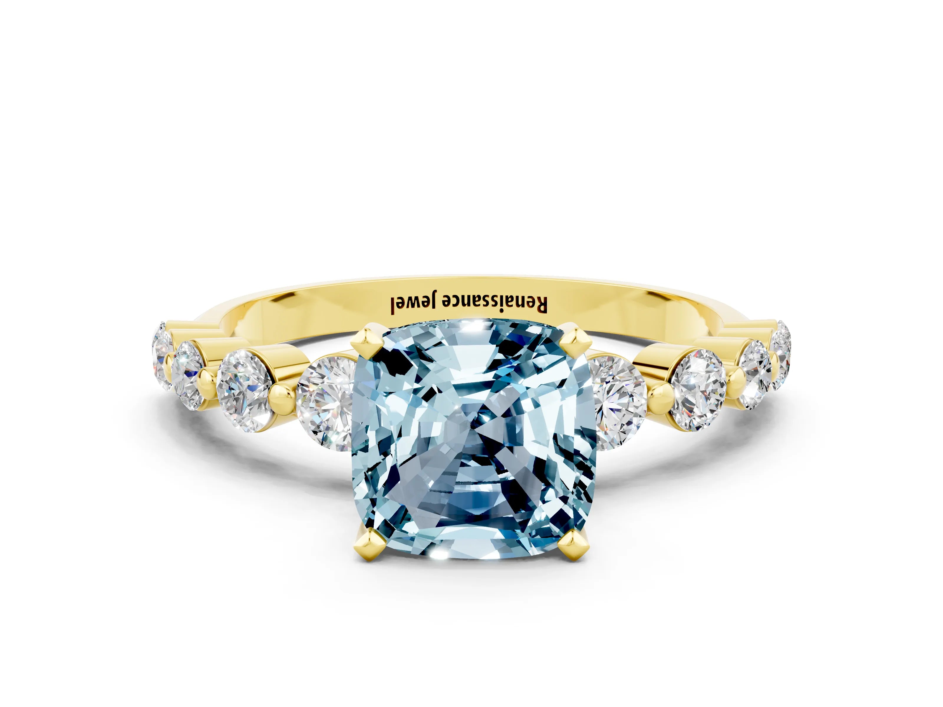 Yellow gold Cushion Cut Solitaire Aquamarine Ring with Pave Band and Four-Prong Setting
