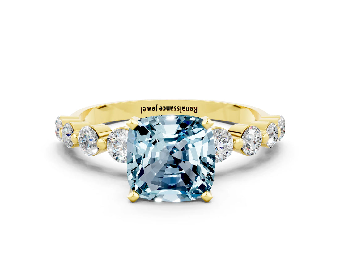 Yellow gold Cushion Cut Solitaire Aquamarine Ring with Pave Band and Four-Prong Setting