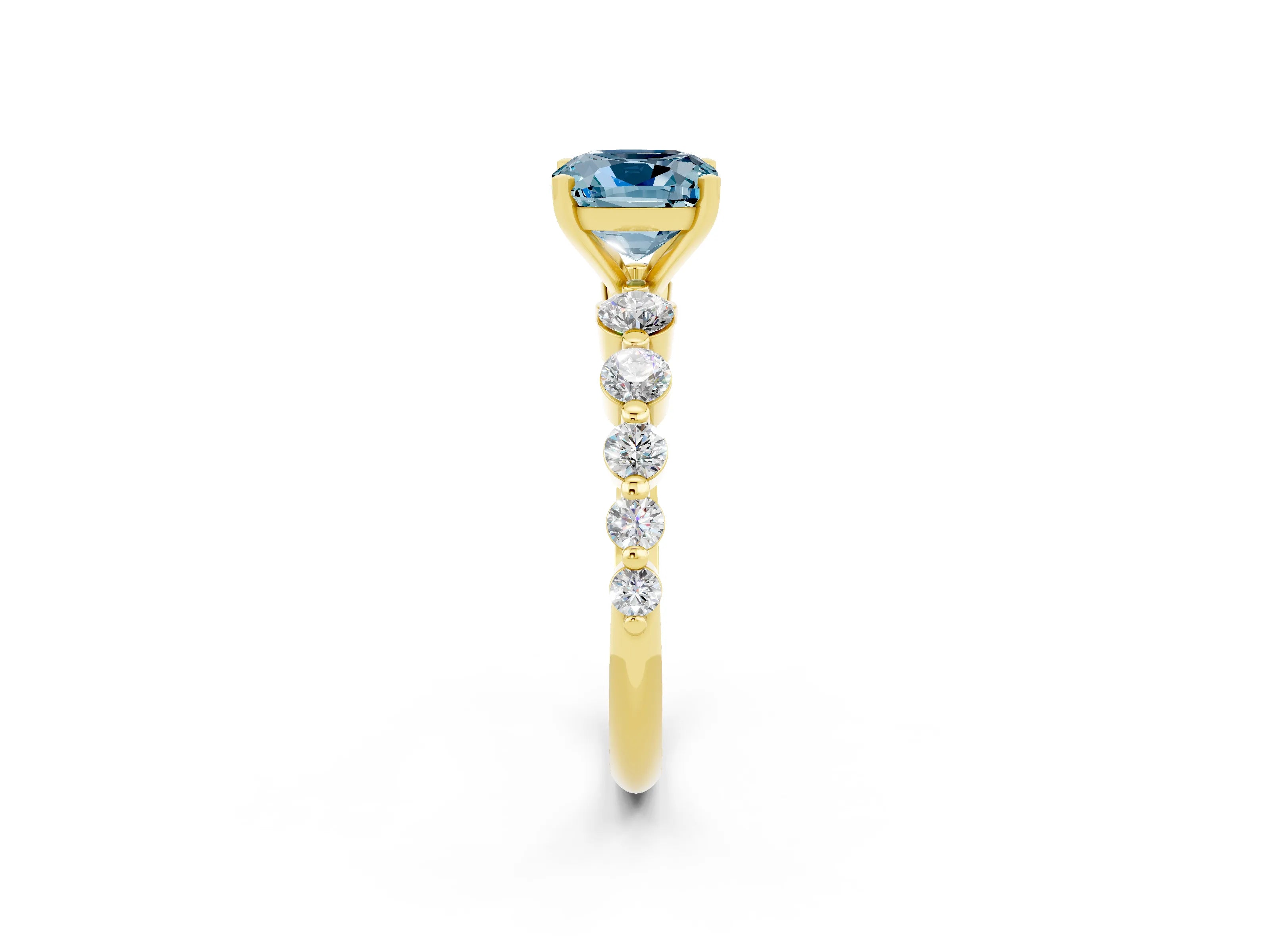 Yellow gold Cushion Cut Solitaire Aquamarine Ring with Pave Band and Four-Prong Setting_2