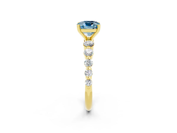 Yellow gold Cushion Cut Solitaire Aquamarine Ring with Pave Band and Four-Prong Setting