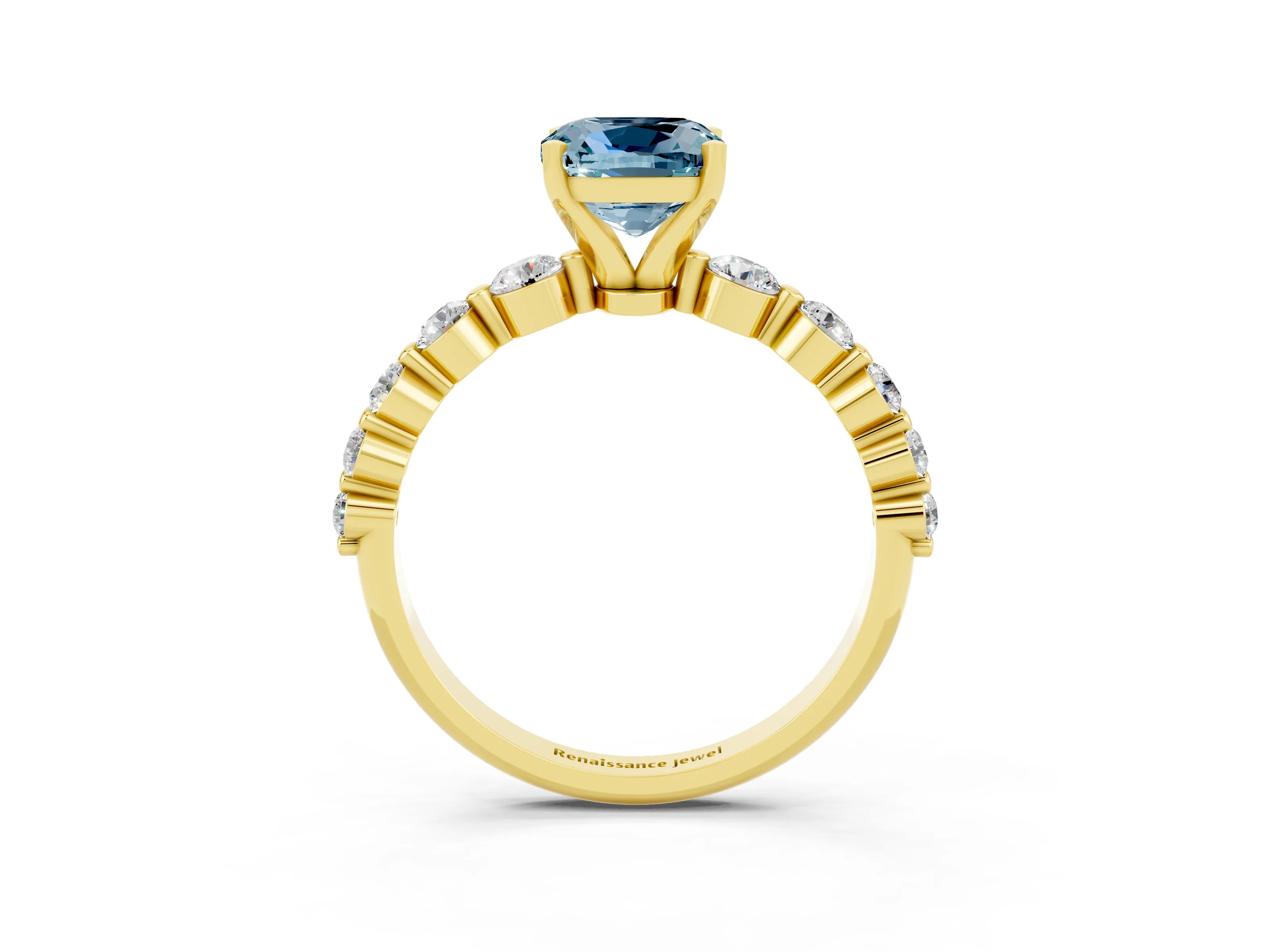 Yellow gold Cushion Cut Solitaire Aquamarine Ring with Pave Band and Four-Prong Setting_3