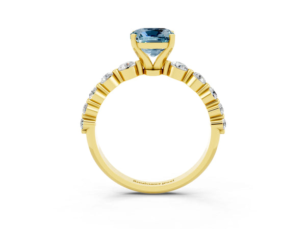 Yellow gold Cushion Cut Solitaire Aquamarine Ring with Pave Band and Four-Prong Setting