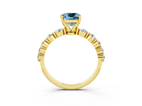 Yellow gold Cushion Cut Solitaire Aquamarine Ring with Pave Band and Four-Prong Setting_3