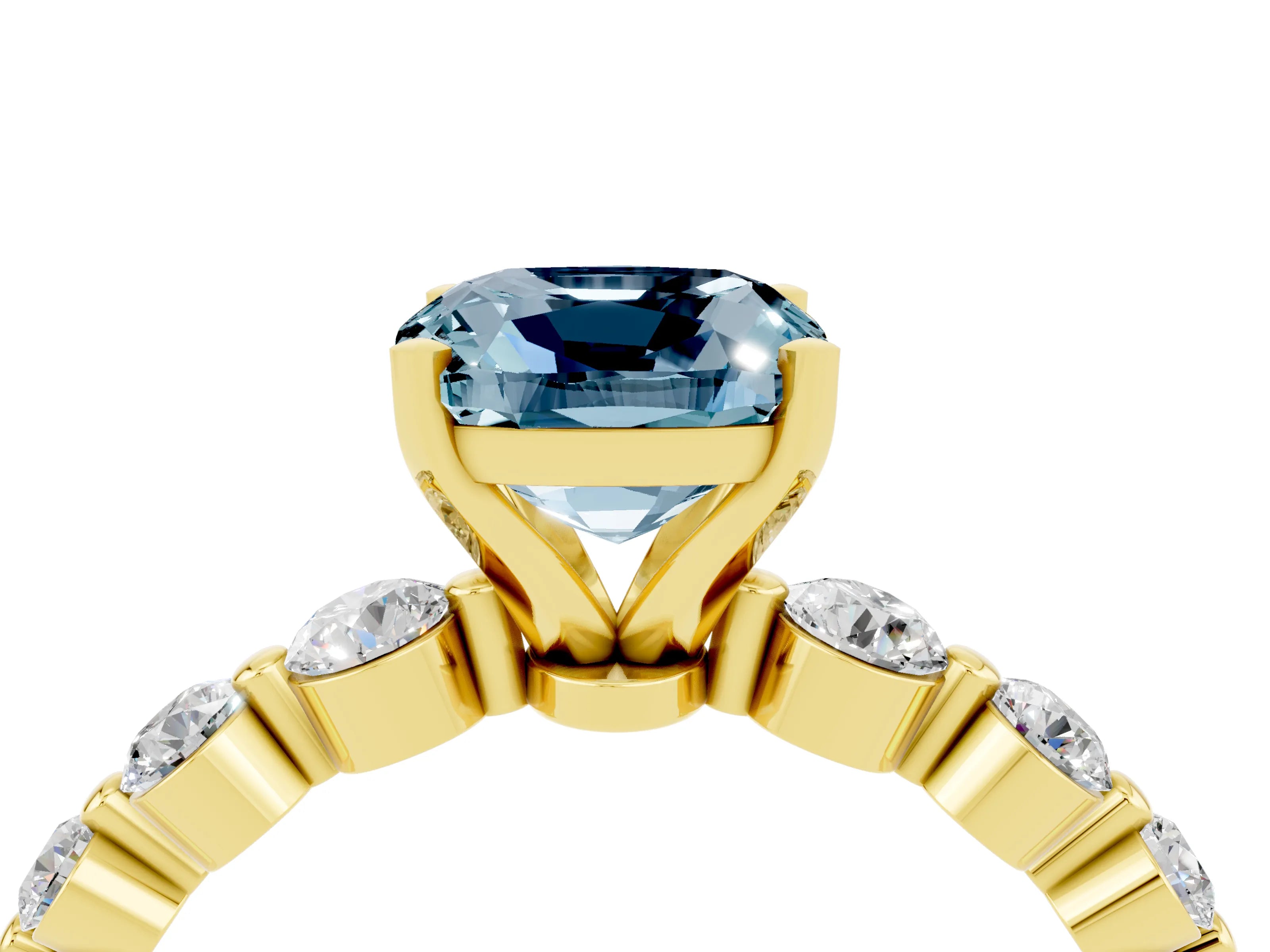 Yellow gold Cushion Cut Solitaire Aquamarine Ring with Pave Band and Four-Prong Setting_4