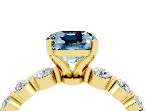 Yellow gold Cushion Cut Solitaire Aquamarine Ring with Pave Band and Four-Prong Setting_4