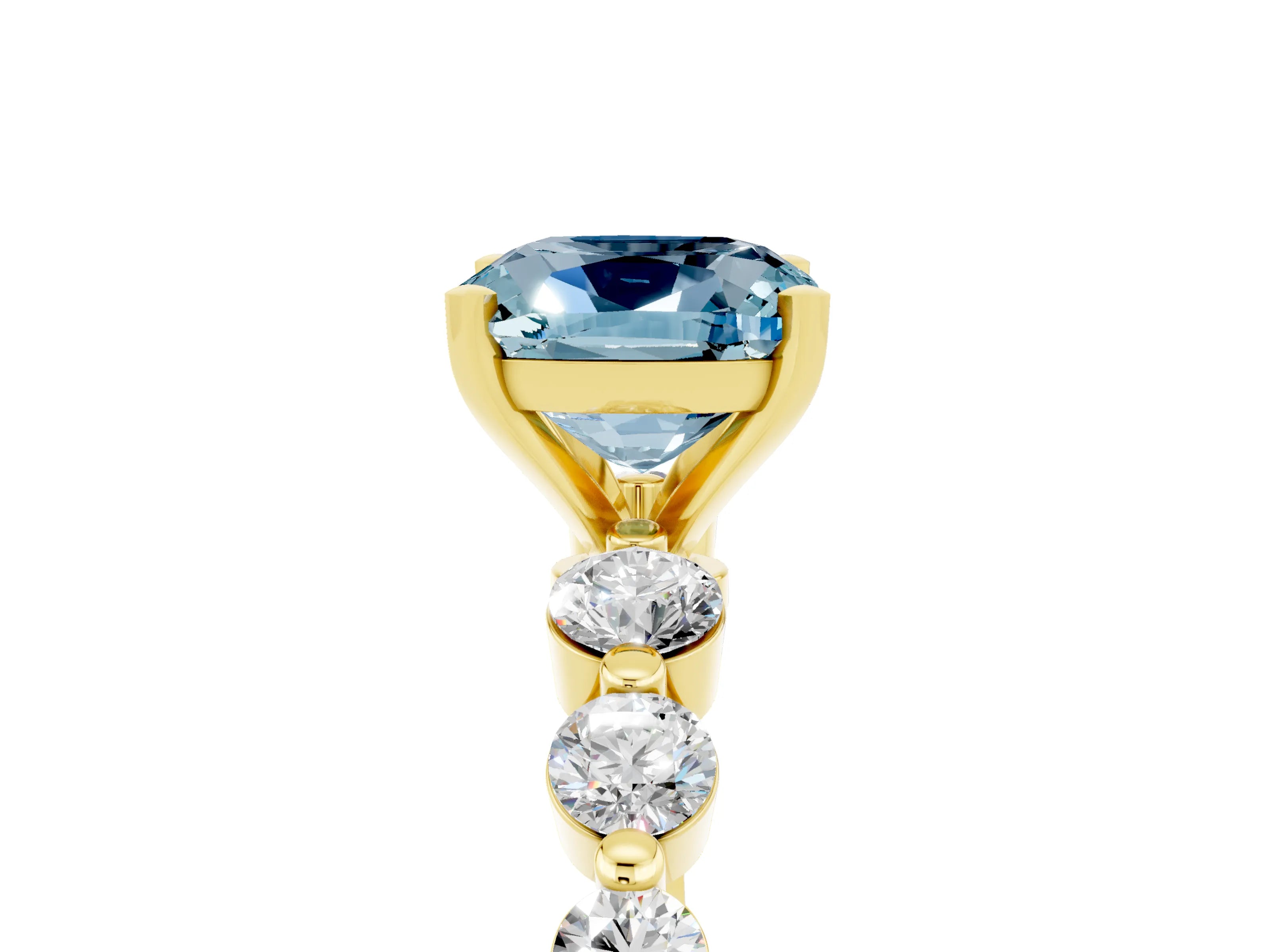 Yellow gold Cushion Cut Solitaire Aquamarine Ring with Pave Band and Four-Prong Setting_5