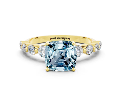 Yellow gold Cushion Cut Solitaire Aquamarine Ring with Pave Band and Four-Prong Setting