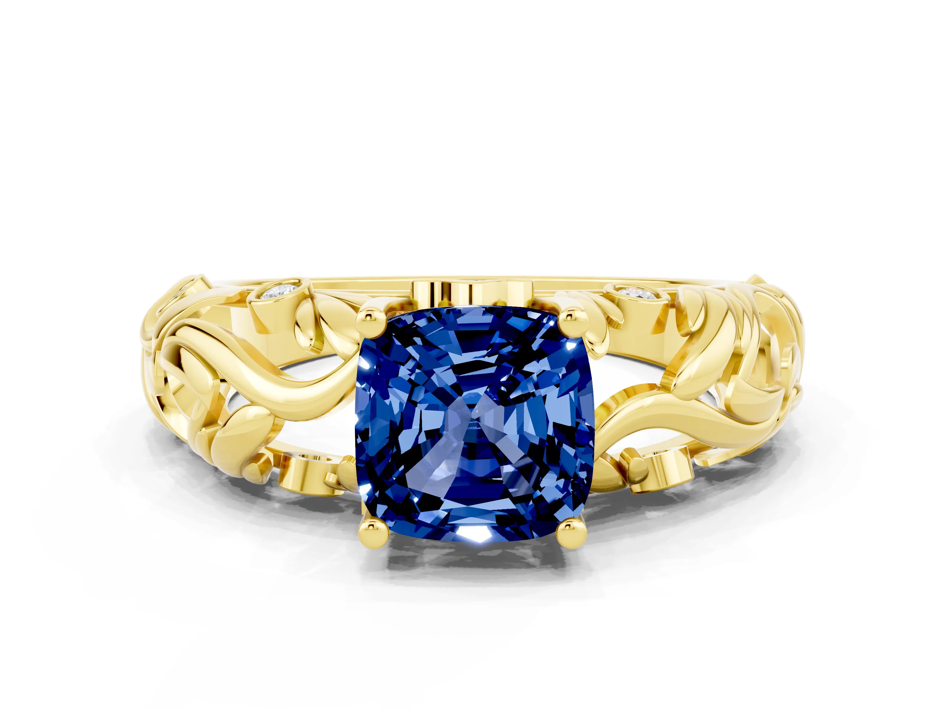 Yellow gold Cushion Cut Solitaire Blue Sapphire Leaf-Inspired Vine Band Ring with Prong Setting