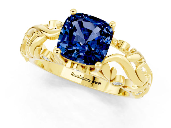 Yellow gold Cushion Cut Solitaire Blue Sapphire Leaf-Inspired Vine Band Ring with Prong Setting