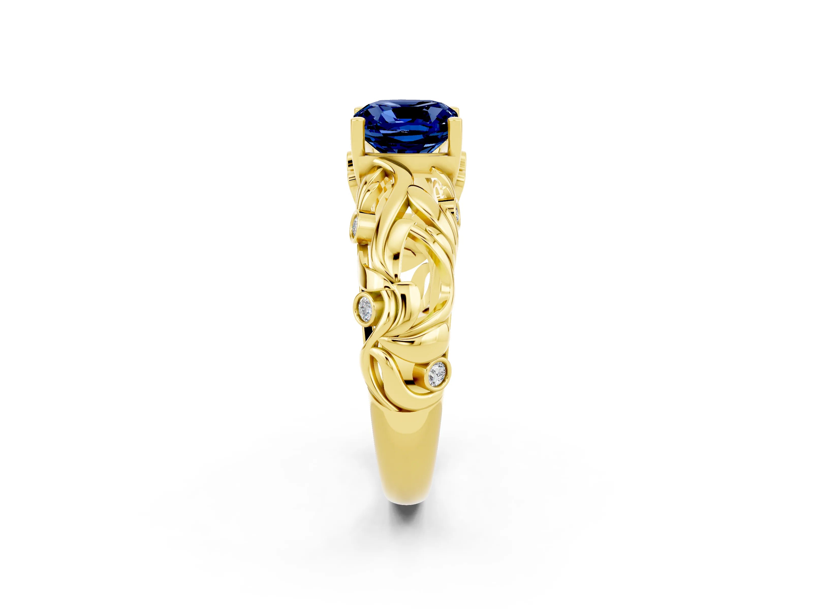 Yellow gold Cushion Cut Solitaire Blue Sapphire Leaf-Inspired Vine Band Ring with Prong Setting_2