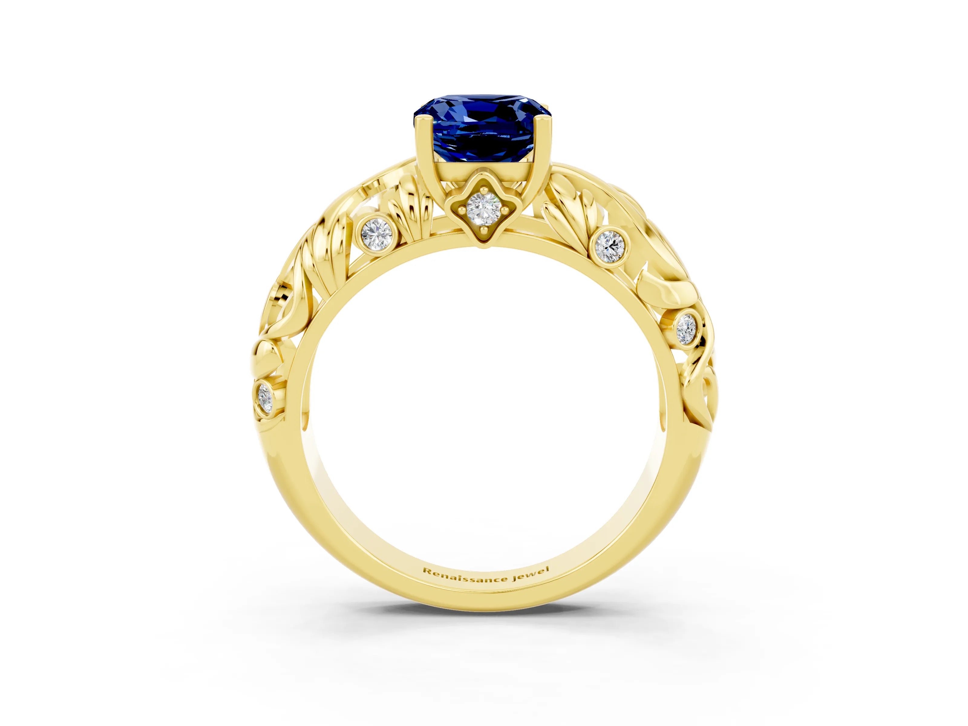 Yellow gold Cushion Cut Solitaire Blue Sapphire Leaf-Inspired Vine Band Ring with Prong Setting_3