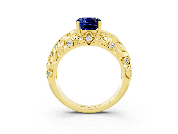 Yellow gold Cushion Cut Solitaire Blue Sapphire Leaf-Inspired Vine Band Ring with Prong Setting