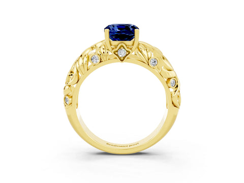 Yellow gold Cushion Cut Solitaire Blue Sapphire Leaf-Inspired Vine Band Ring with Prong Setting_3