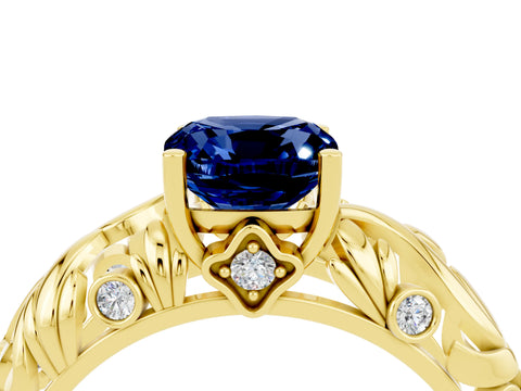 Yellow gold Cushion Cut Solitaire Blue Sapphire Leaf-Inspired Vine Band Ring with Prong Setting_4