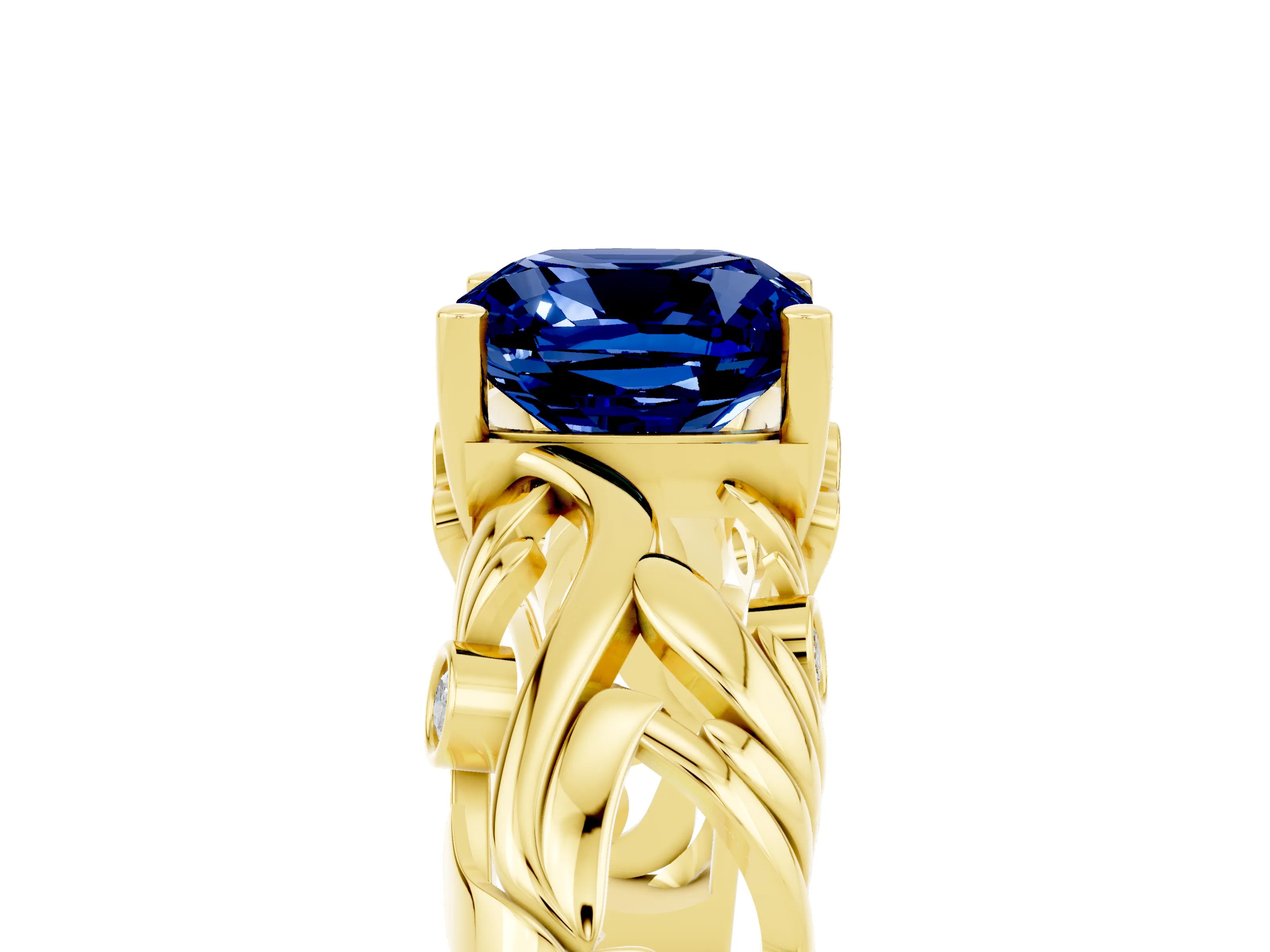 Yellow gold Cushion Cut Solitaire Blue Sapphire Leaf-Inspired Vine Band Ring with Prong Setting_5