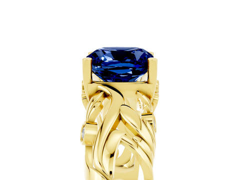 Yellow gold Cushion Cut Solitaire Blue Sapphire Leaf-Inspired Vine Band Ring with Prong Setting_5