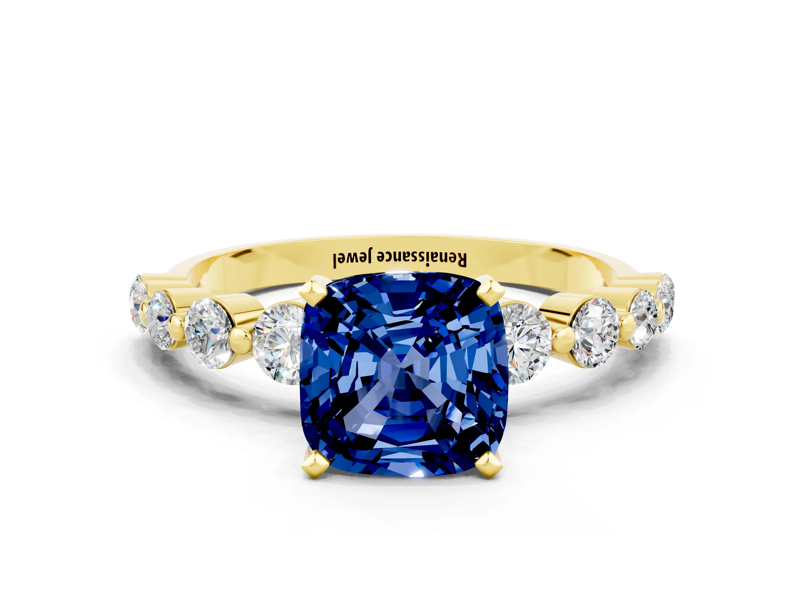 Yellow gold Cushion Cut Solitaire Blue Sapphire Ring with Pave Band and Four-Prong Setting