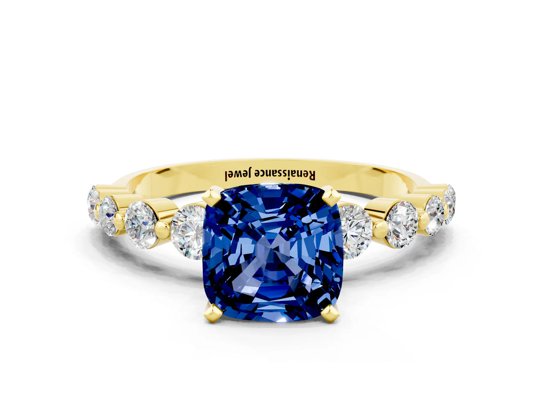 Yellow gold Cushion Cut Solitaire Blue Sapphire Ring with Pave Band and Four-Prong Setting