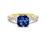 Yellow gold Cushion Cut Solitaire Blue Sapphire Ring with Pave Band and Four-Prong Setting