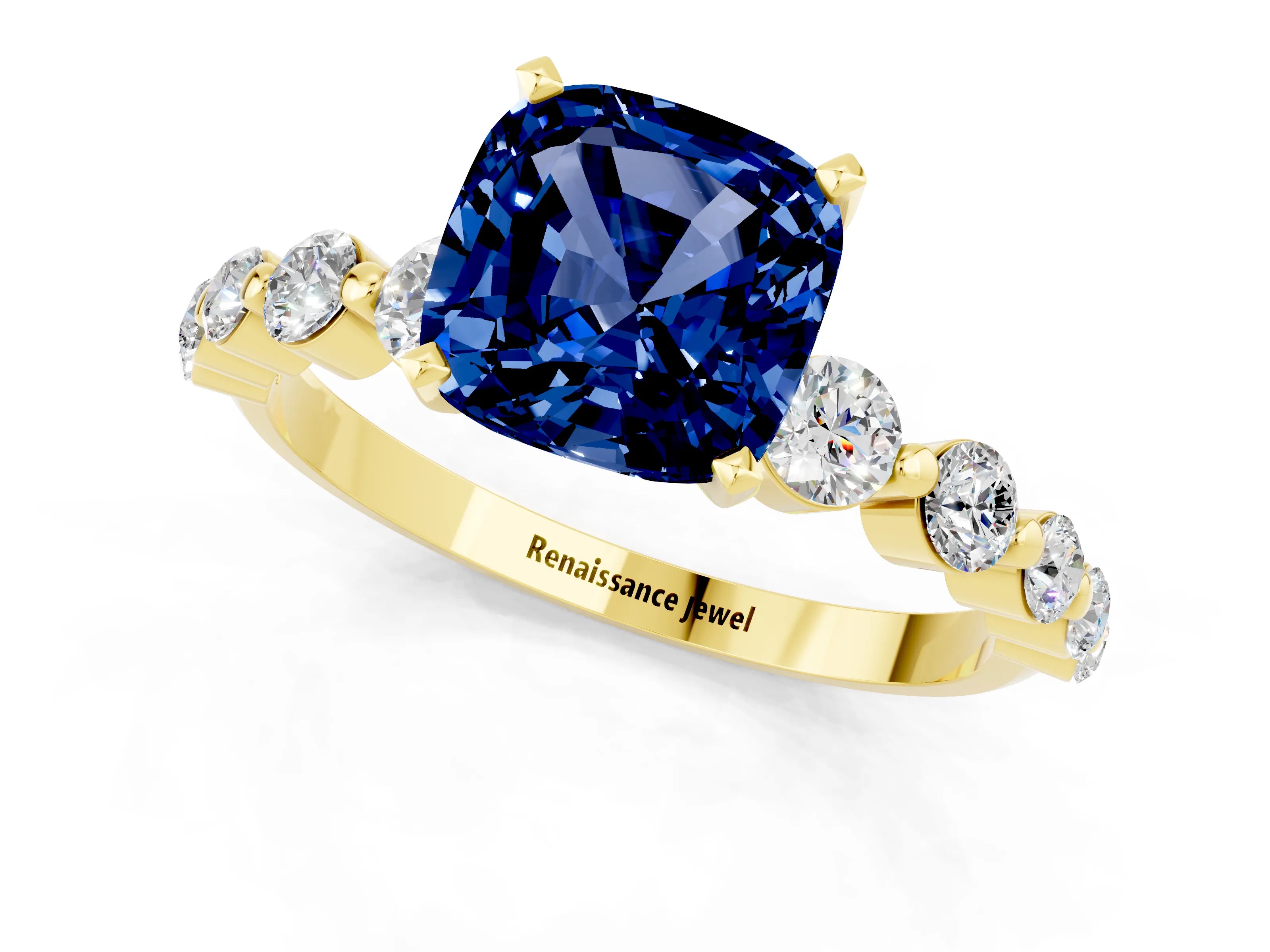 Yellow gold Cushion Cut Solitaire Blue Sapphire Ring with Pave Band and Four-Prong Setting_1