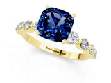 Yellow gold Cushion Cut Solitaire Blue Sapphire Ring with Pave Band and Four-Prong Setting_1