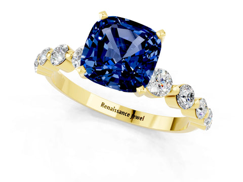 Yellow gold Cushion Cut Solitaire Blue Sapphire Ring with Pave Band and Four-Prong Setting_1