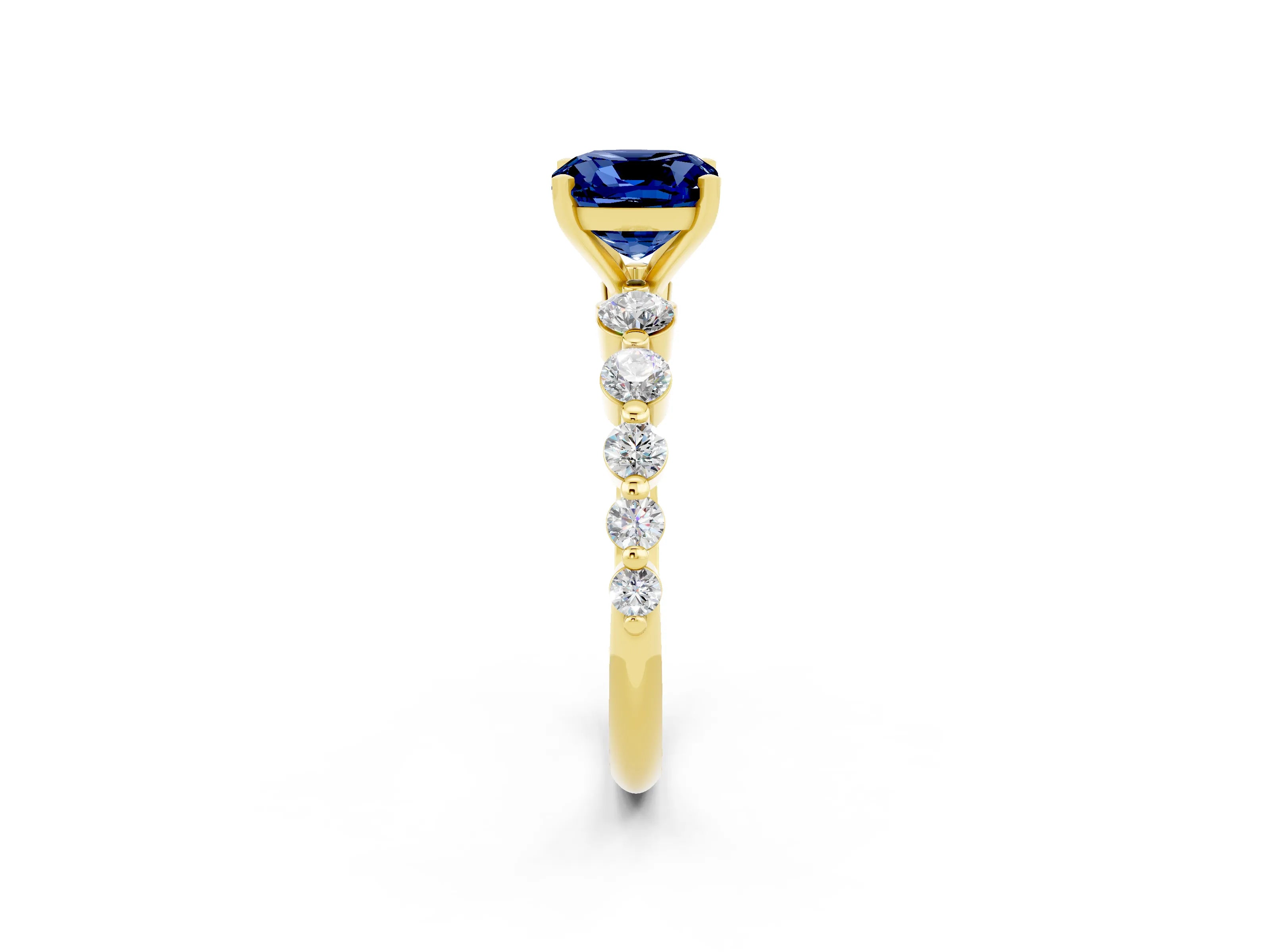 Yellow gold Cushion Cut Solitaire Blue Sapphire Ring with Pave Band and Four-Prong Setting_2