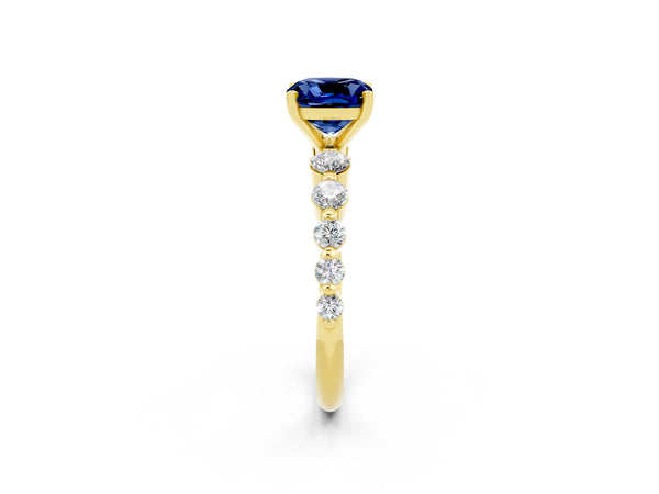 Yellow gold Cushion Cut Solitaire Blue Sapphire Ring with Pave Band and Four-Prong Setting