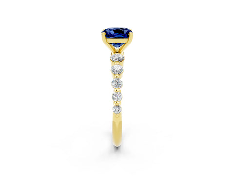 Yellow gold Cushion Cut Solitaire Blue Sapphire Ring with Pave Band and Four-Prong Setting_2