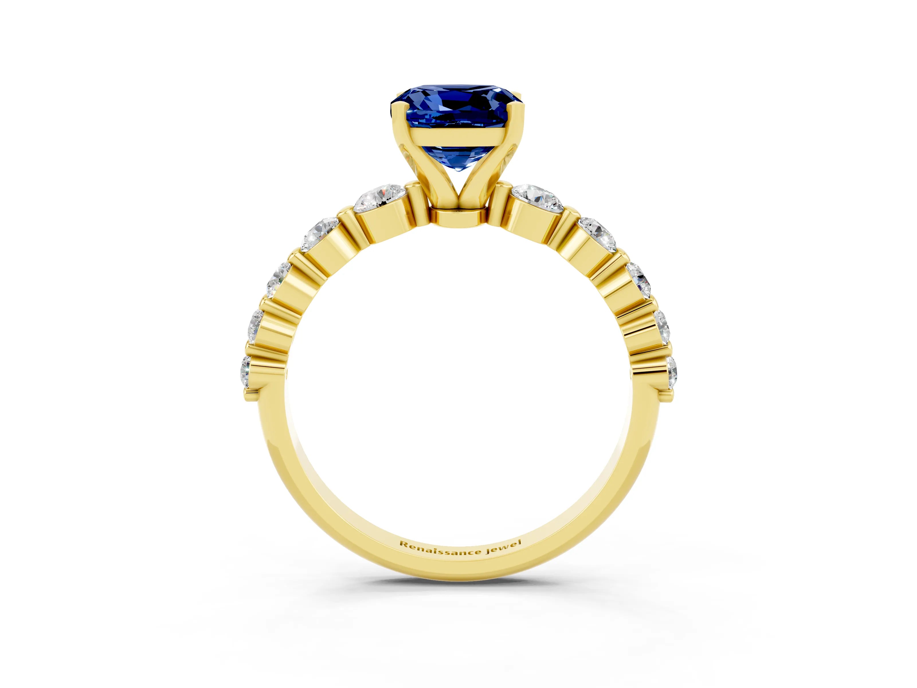 Yellow gold Cushion Cut Solitaire Blue Sapphire Ring with Pave Band and Four-Prong Setting_3