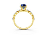 Yellow gold Cushion Cut Solitaire Blue Sapphire Ring with Pave Band and Four-Prong Setting_3