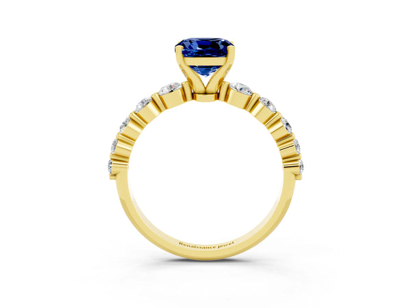 Yellow gold Cushion Cut Solitaire Blue Sapphire Ring with Pave Band and Four-Prong Setting