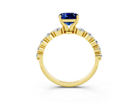 Yellow gold Cushion Cut Solitaire Blue Sapphire Ring with Pave Band and Four-Prong Setting_3