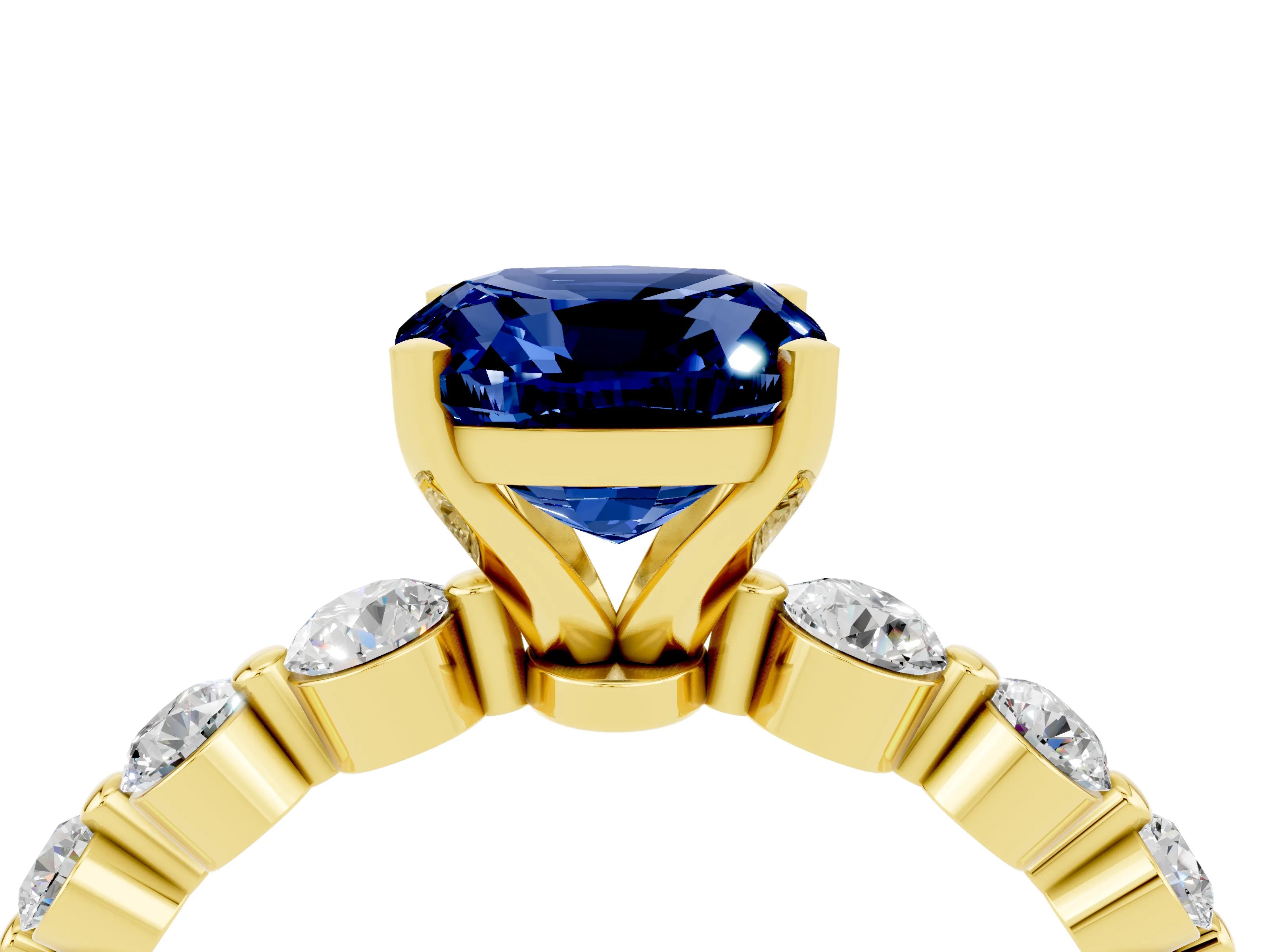 Yellow gold Cushion Cut Solitaire Blue Sapphire Ring with Pave Band and Four-Prong Setting_4