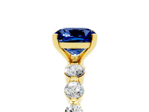 Yellow gold Cushion Cut Solitaire Blue Sapphire Ring with Pave Band and Four-Prong Setting_5