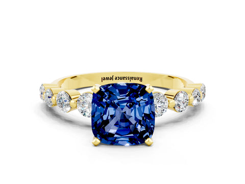 Yellow gold Cushion Cut Solitaire Blue Sapphire Ring with Pave Band and Four-Prong Setting
