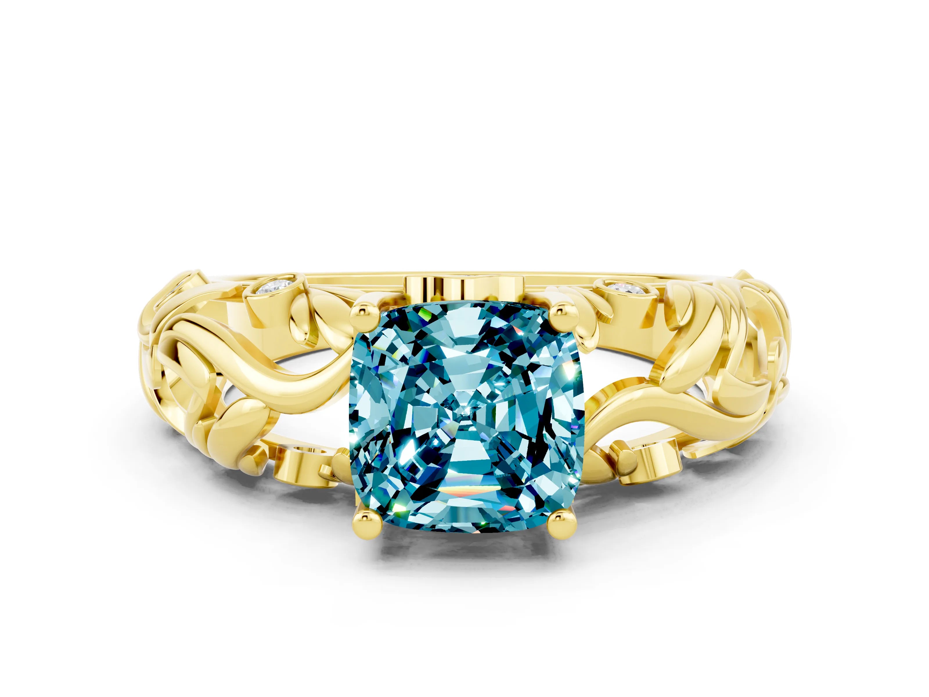 Yellow gold Cushion Cut Solitaire Blue Topaz Leaf-Inspired Vine Band Ring with Prong Setting
