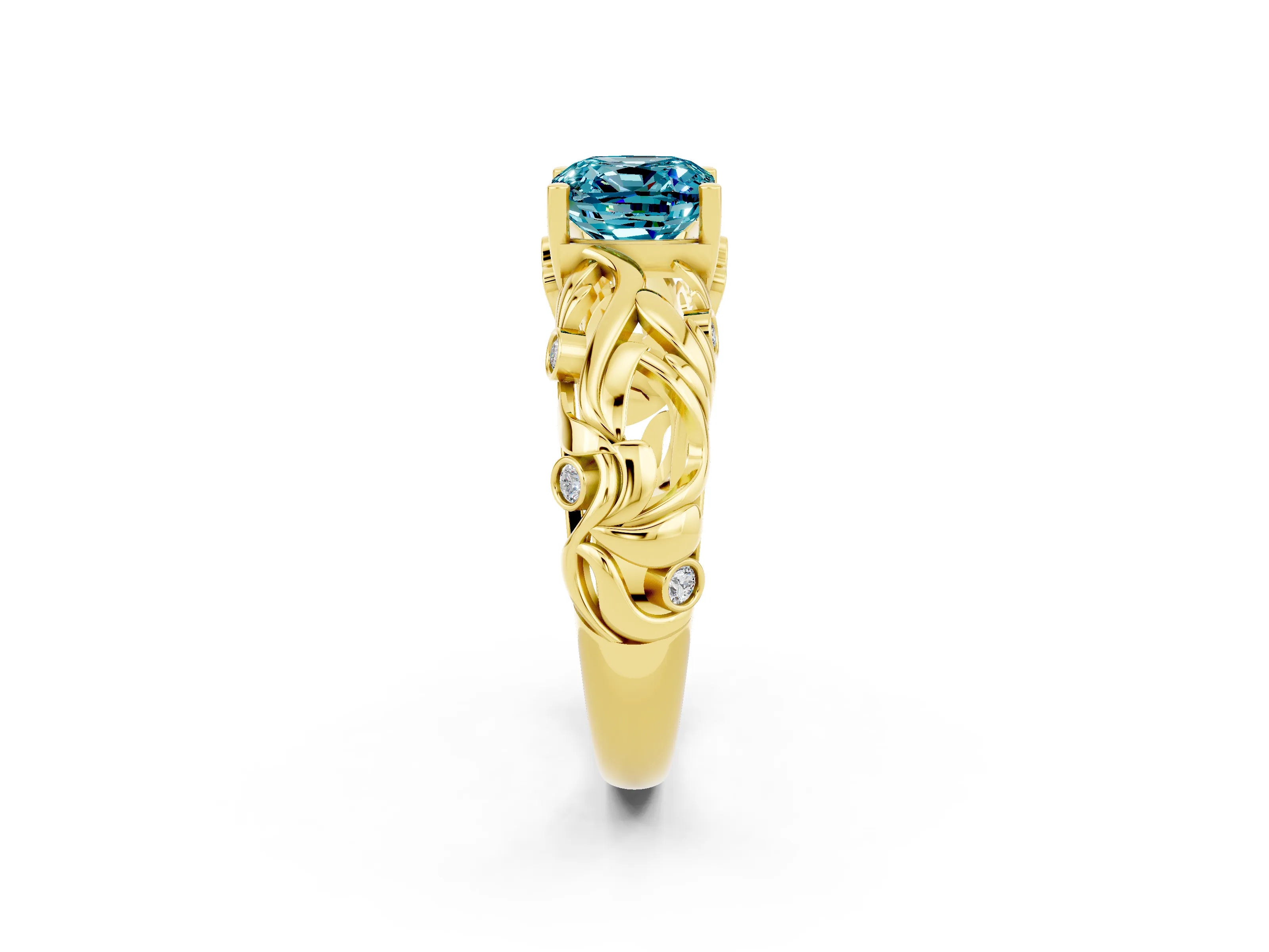 Yellow gold Cushion Cut Solitaire Blue Topaz Leaf-Inspired Vine Band Ring with Prong Setting_2