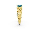 Yellow gold Cushion Cut Solitaire Blue Topaz Leaf-Inspired Vine Band Ring with Prong Setting_2