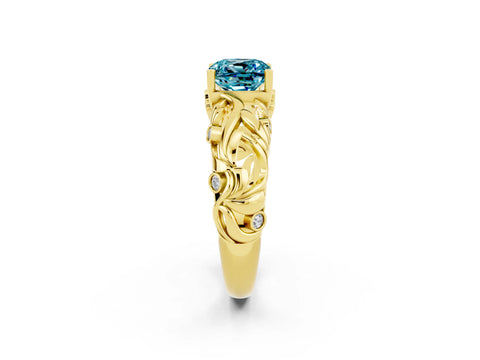 Yellow gold Cushion Cut Solitaire Blue Topaz Leaf-Inspired Vine Band Ring with Prong Setting_2