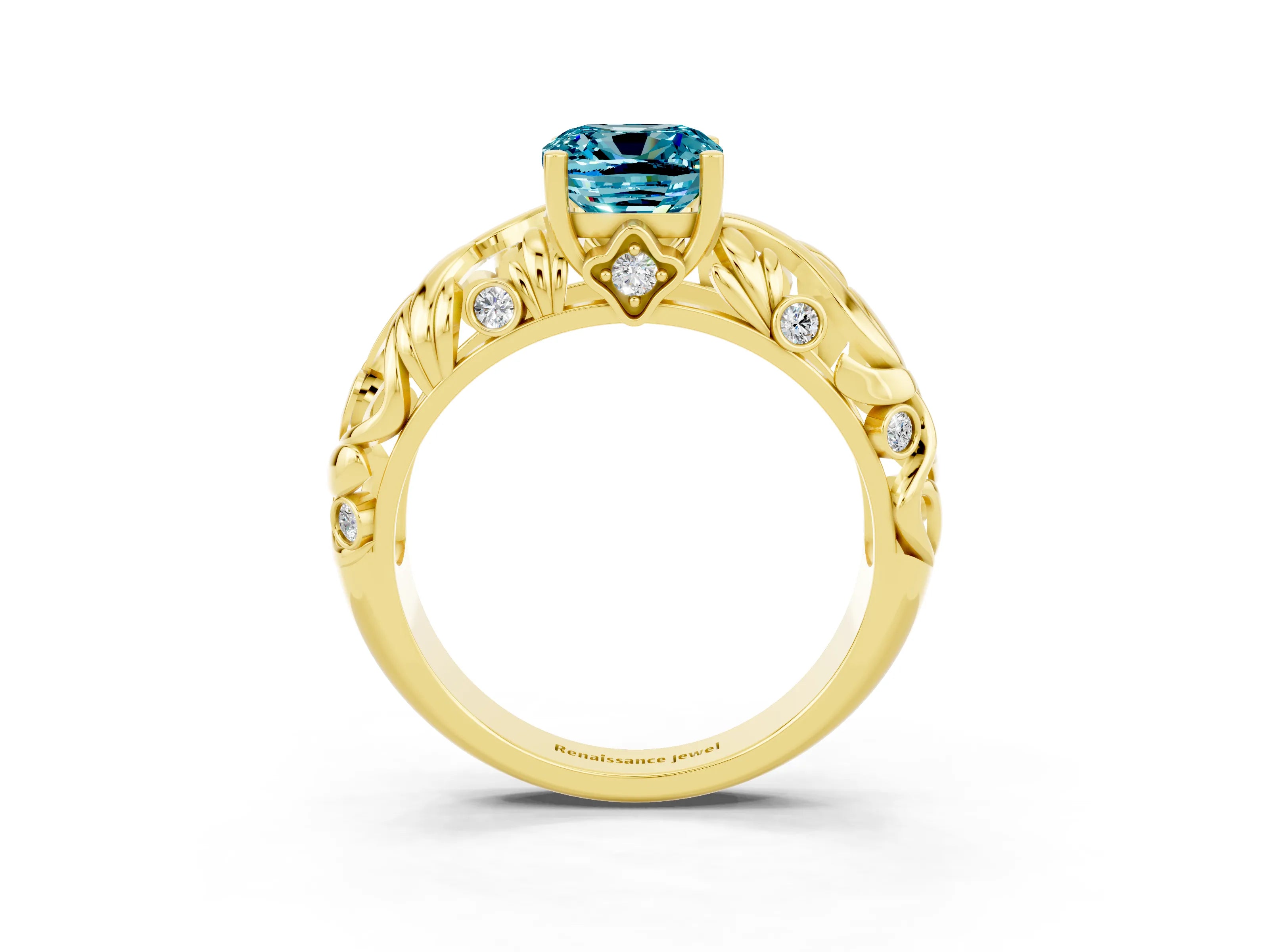 Yellow gold Cushion Cut Solitaire Blue Topaz Leaf-Inspired Vine Band Ring with Prong Setting_3