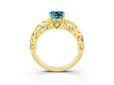 Yellow gold Cushion Cut Solitaire Blue Topaz Leaf-Inspired Vine Band Ring with Prong Setting_3