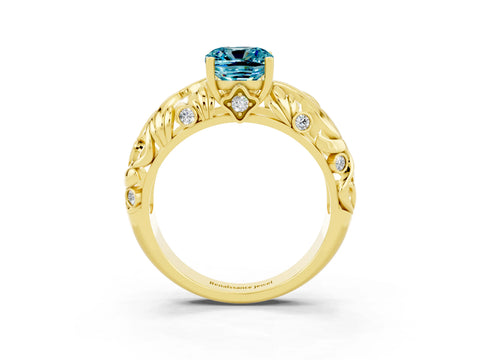 Yellow gold Cushion Cut Solitaire Blue Topaz Leaf-Inspired Vine Band Ring with Prong Setting_3