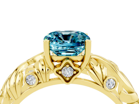Yellow gold Cushion Cut Solitaire Blue Topaz Leaf-Inspired Vine Band Ring with Prong Setting_4