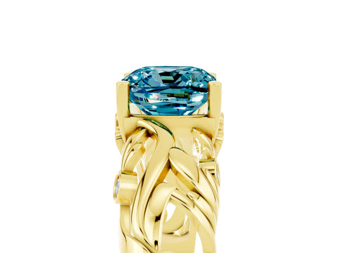 Yellow gold Cushion Cut Solitaire Blue Topaz Leaf-Inspired Vine Band Ring with Prong Setting_5