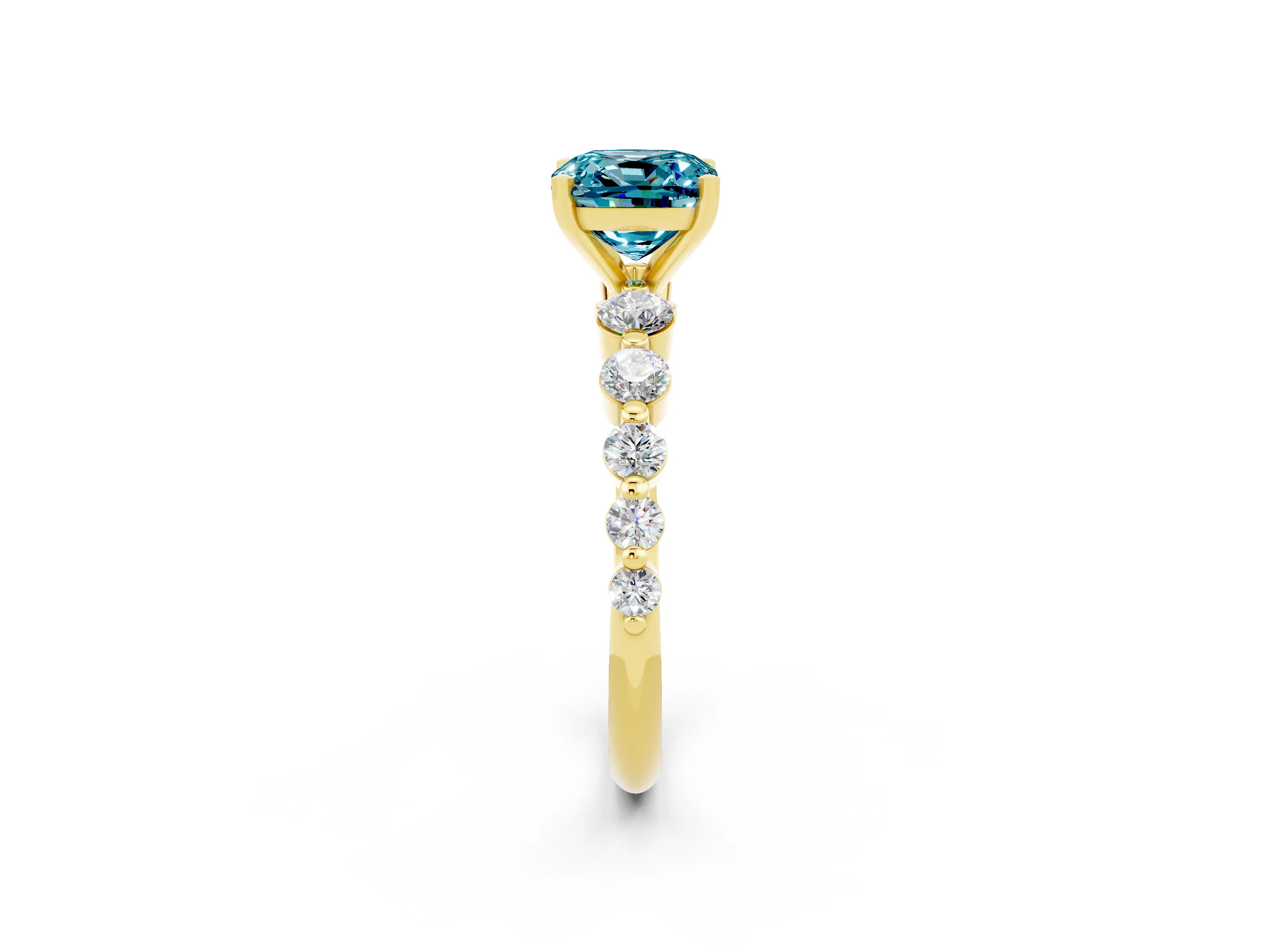 Yellow gold Cushion Cut Solitaire Blue Topaz Ring with Pave Band and Four-Prong Setting_2